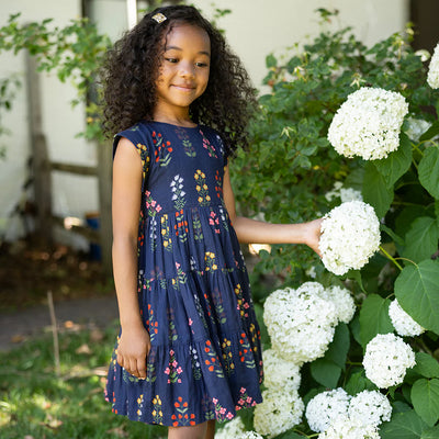 Navy Field Floral Girls Peachy Dress