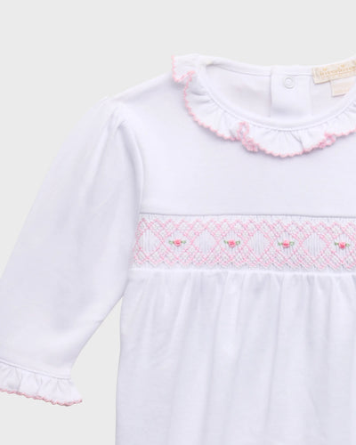 White with Pink Footie with Hand Smocking