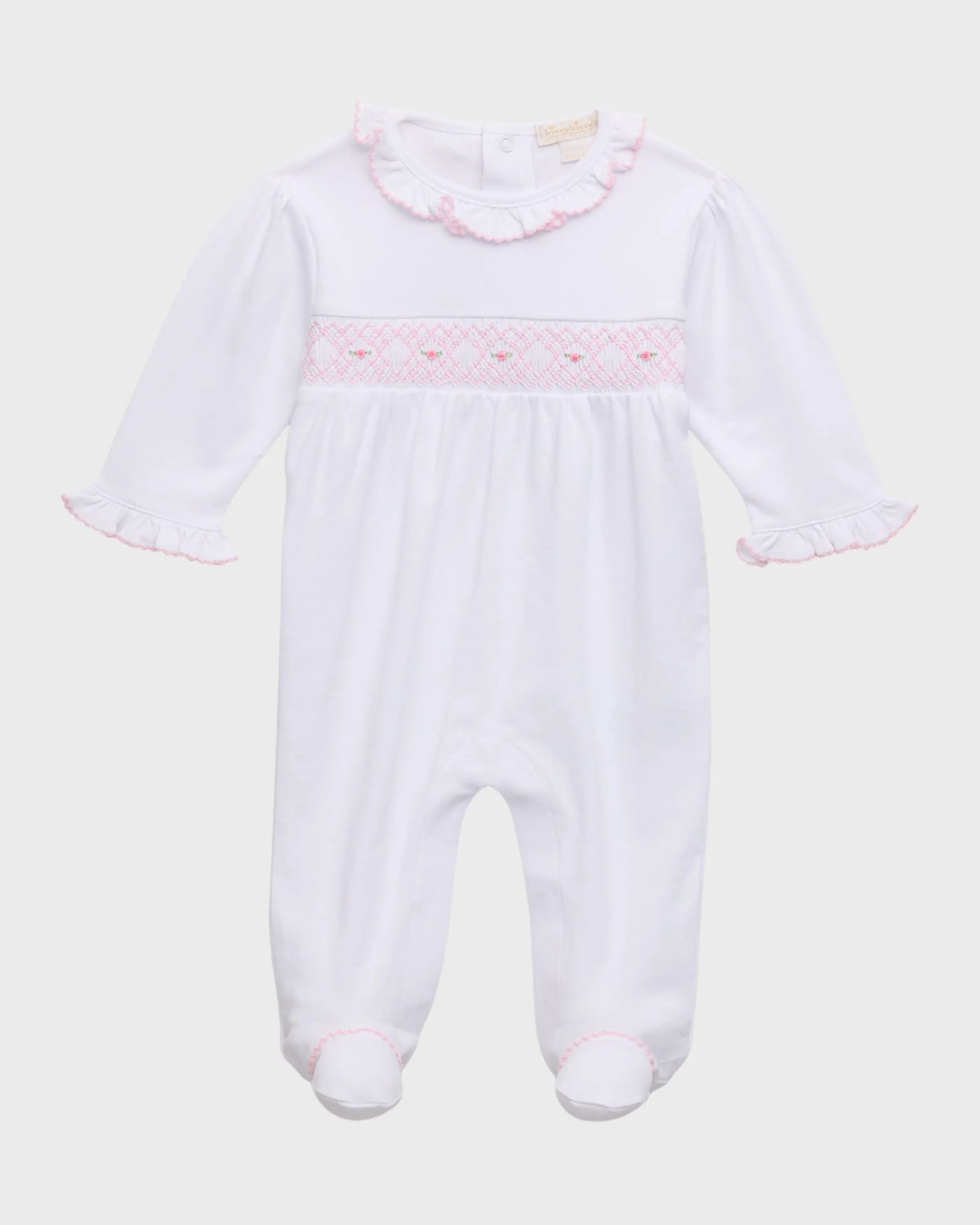 White with Pink Footie with Hand Smocking