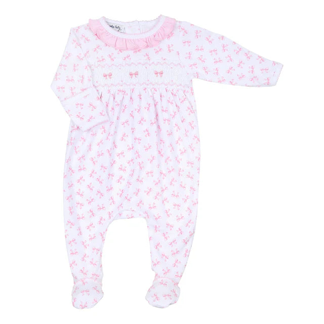 Pink Baby Bows Smocked Printed Ruffle Girl Footie