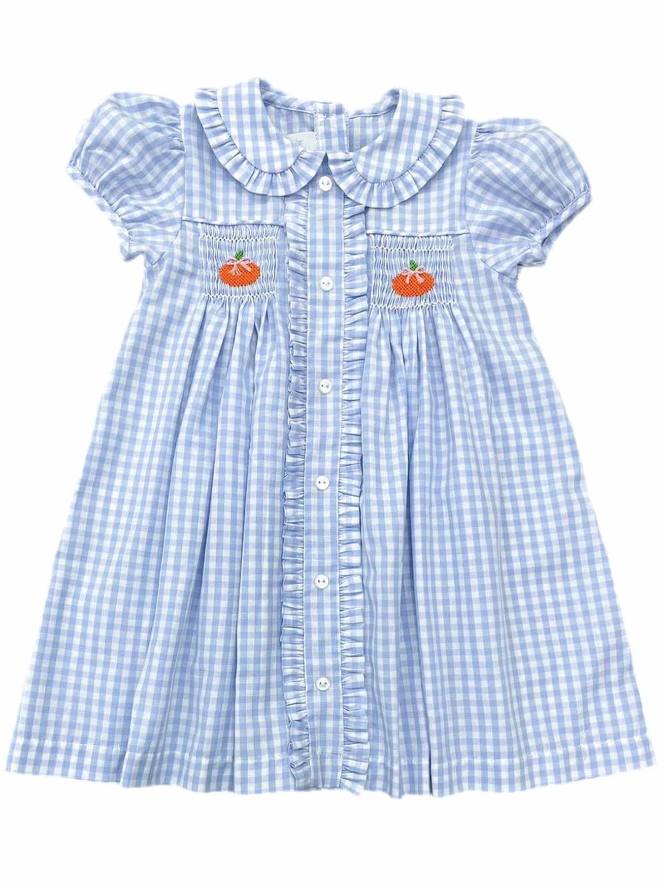 Margeret Blue Gingham Dress with Smocked Pumpkins