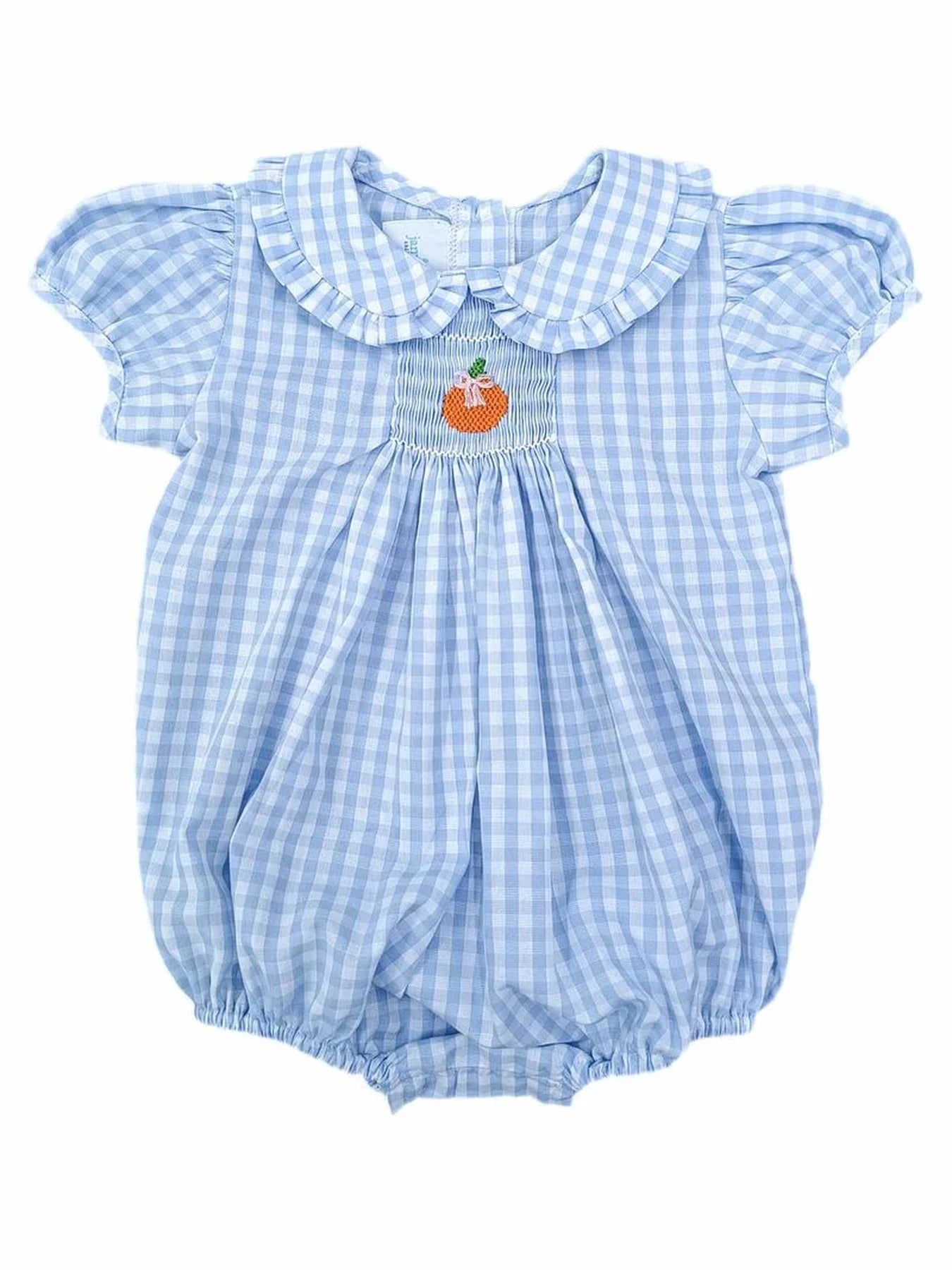 Margaret Blue Gingham Bubble with Smocked Pumpkins
