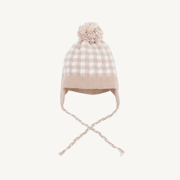 Light Khaki and Worth Avenue White Gingham Parrish Pom Pom Hat