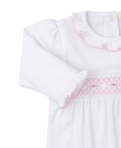 Hand Smocked CLB Sack Gown- White with Pink