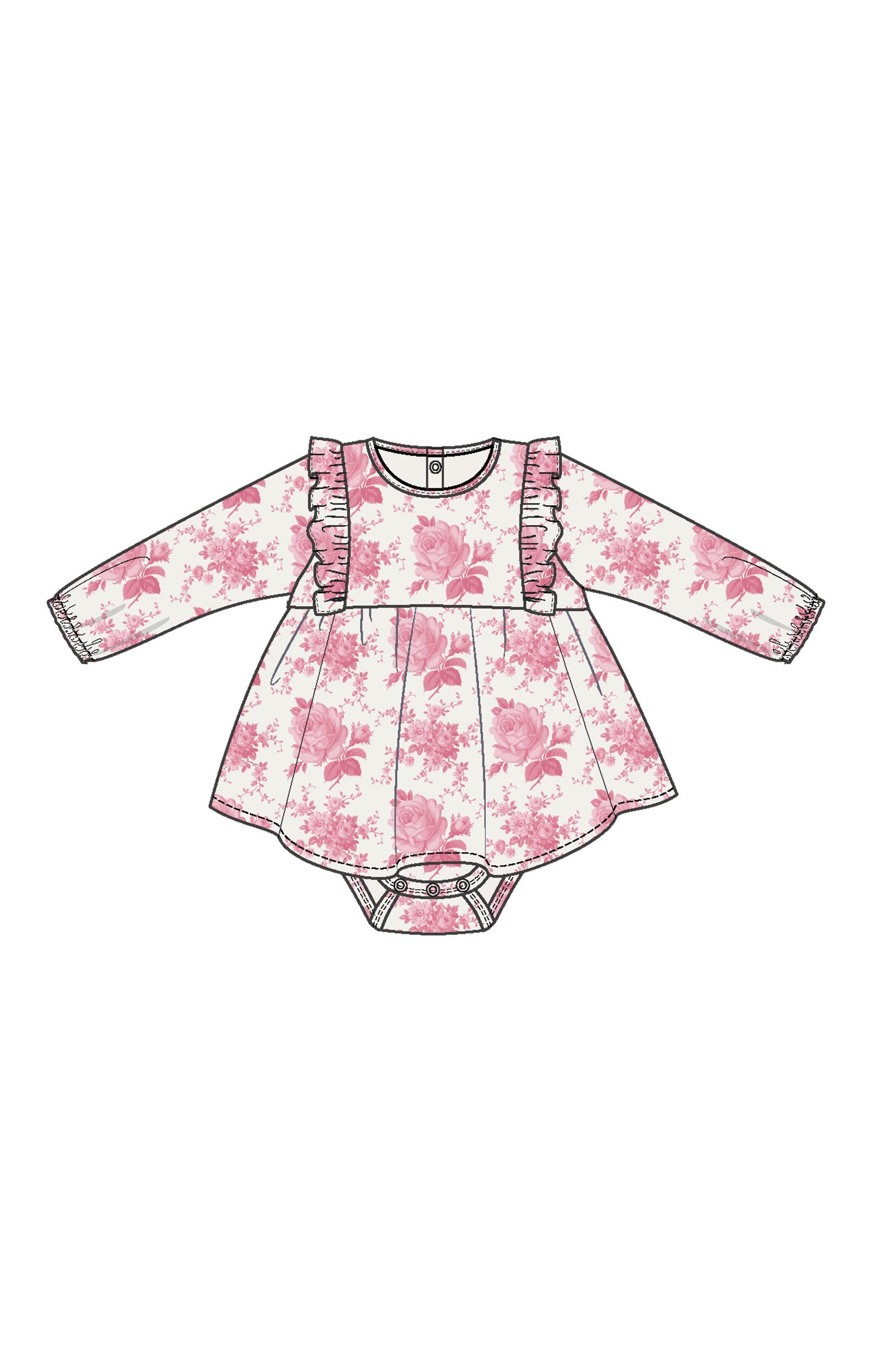 Vintage Pink Roses Ruffle L/S Bodysuit Dress