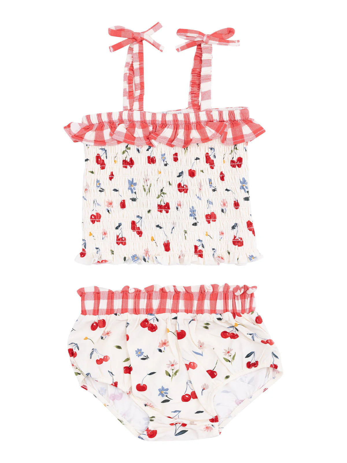 Watercolor Cherries and Gingham Smocked Ruffle Top and Bloomer Set