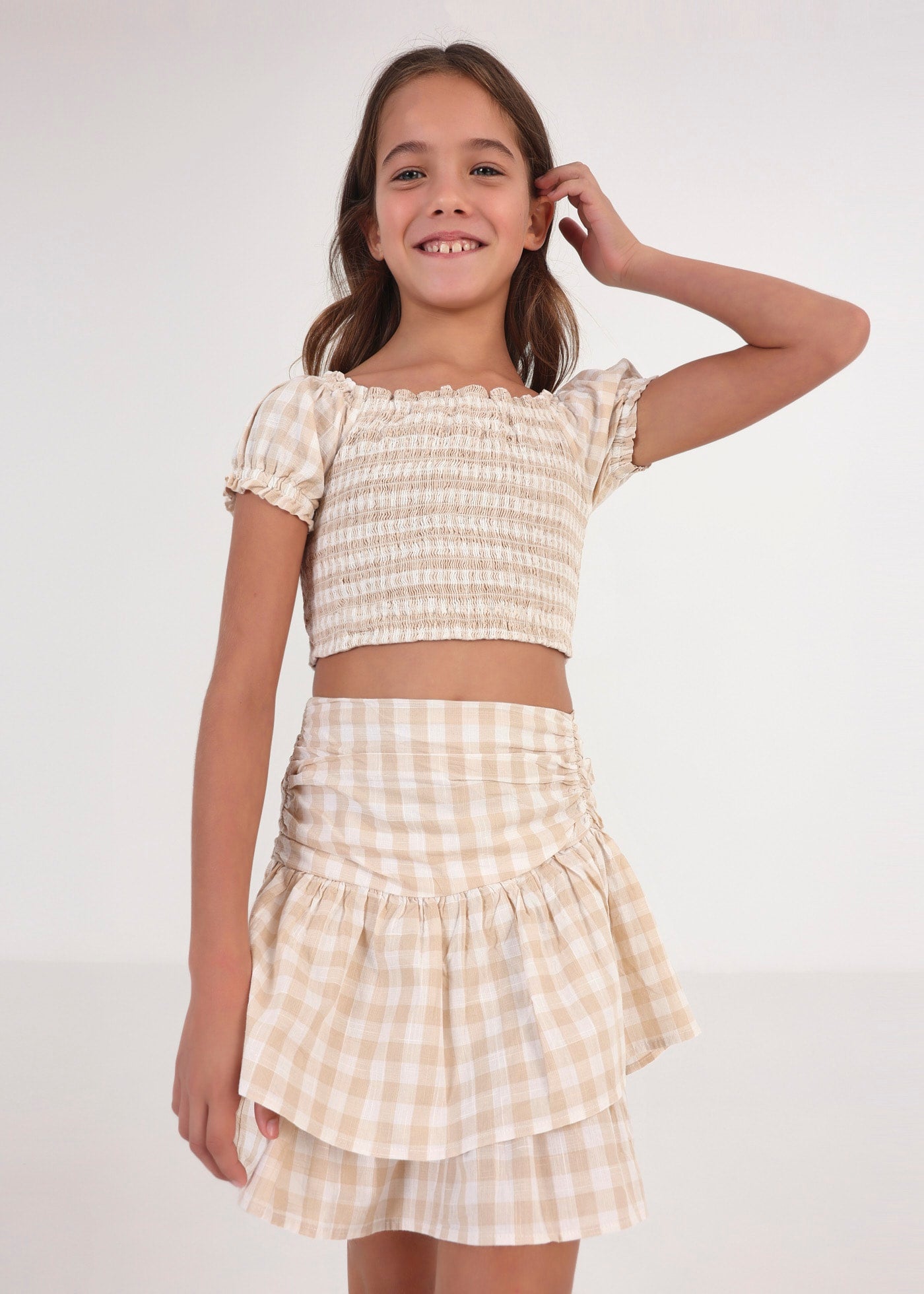Beige Vichy Print Cotton Skirt
