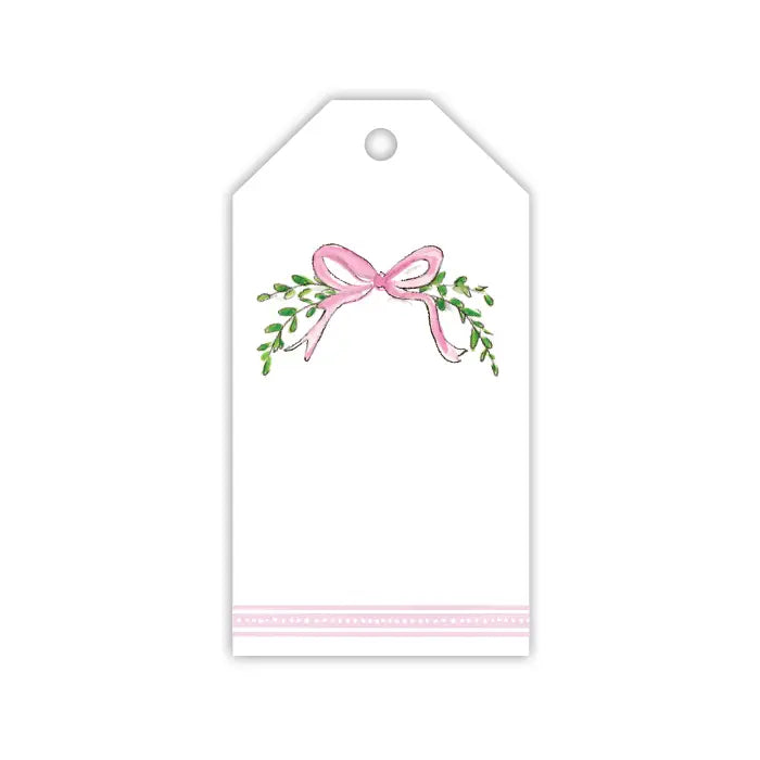 Handpainted Pink Ribbon & Bows with Greenery Gift Tag