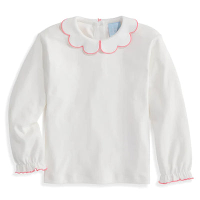 Long Sleeve Pima Scallop Collar Tee- Ivory with Flamingo