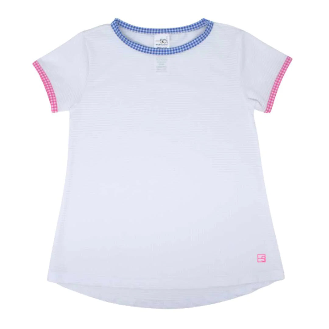 Bridget Basic Tee in White with Pink and Royal Minigingham