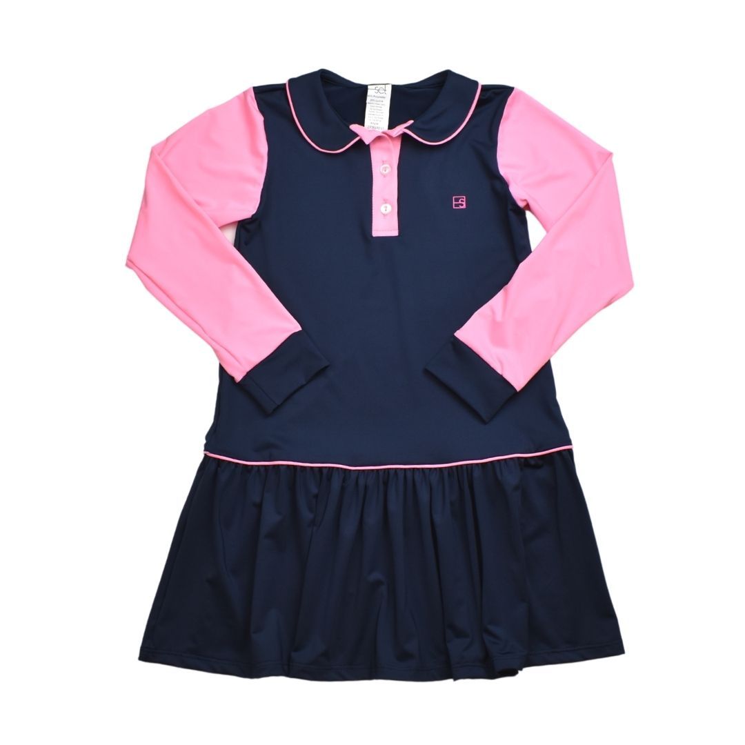 Navy with Pink Darla Long Sleeve Drop-waist Polo Dress