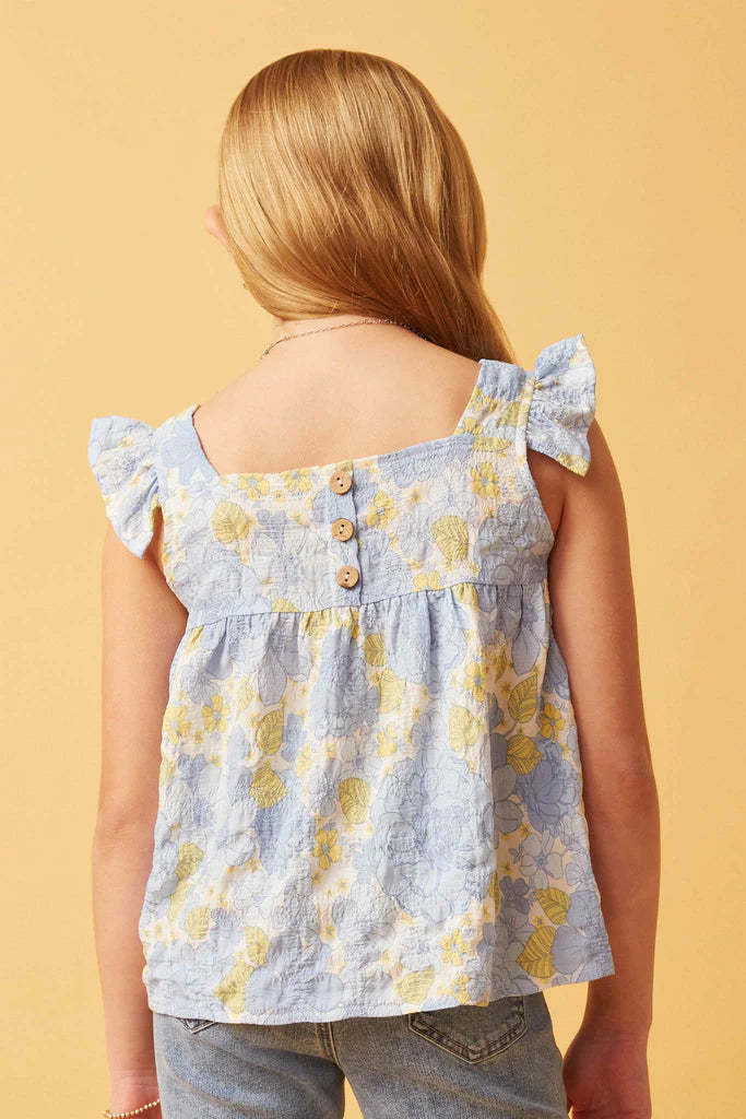 Blue Textured Floral Button Back Ruffle Tank