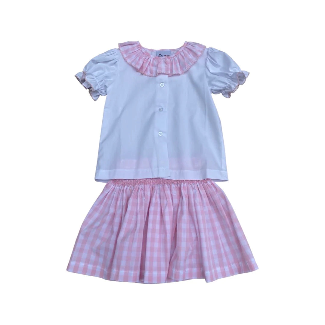 Pink Check Smocked Skirt with Ruffle Blouse