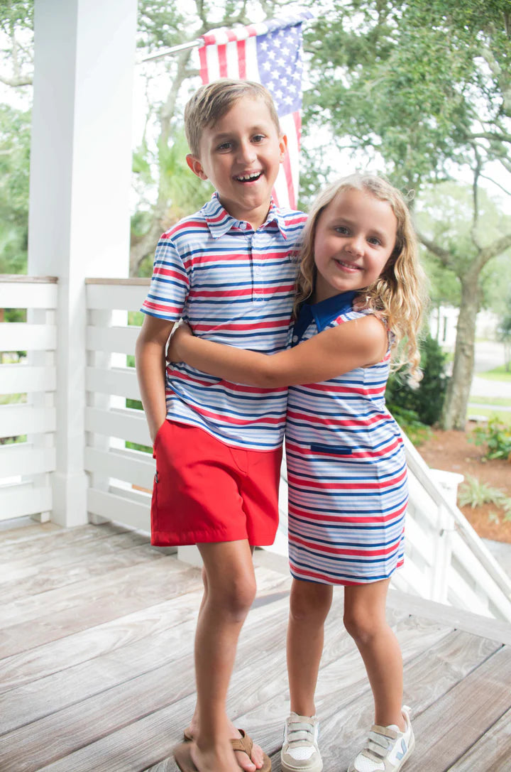 Boys Pro Performance Polo in America Red White and Blue Stripe