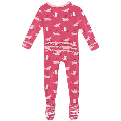 Print Muffin Ruffle Footie with Zipper in Winter Rose Kitty