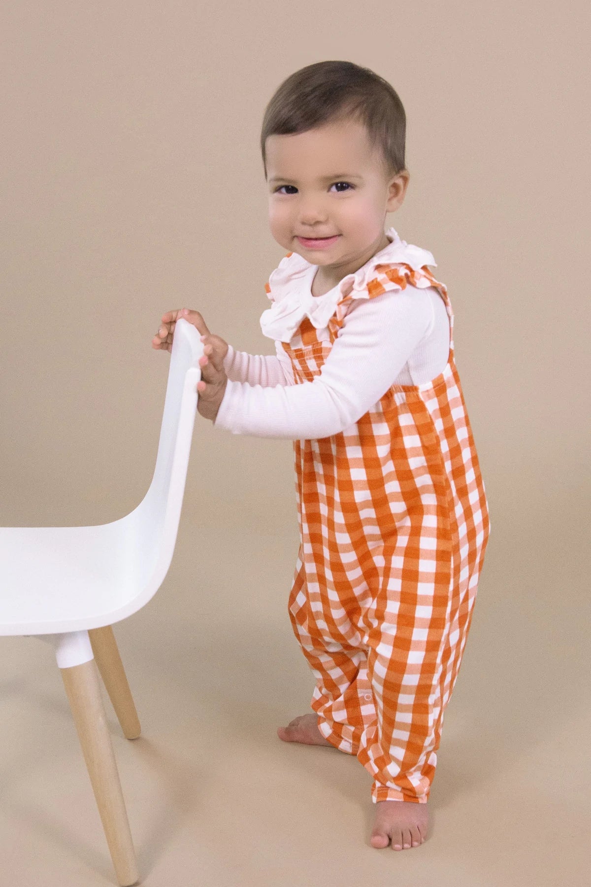 Harvest Pumpkin Gingham Front Smocked Coverall