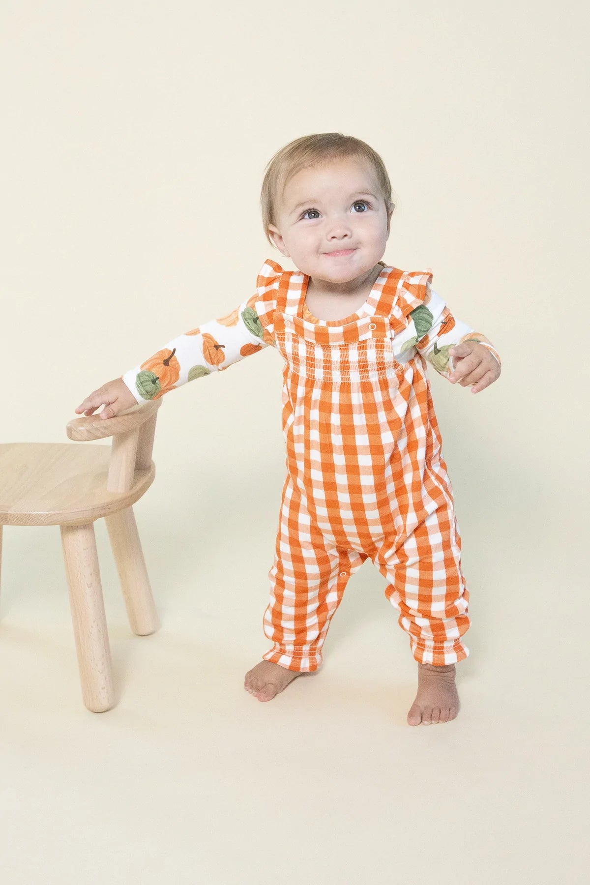 Harvest Pumpkin Gingham Front Smocked Coverall