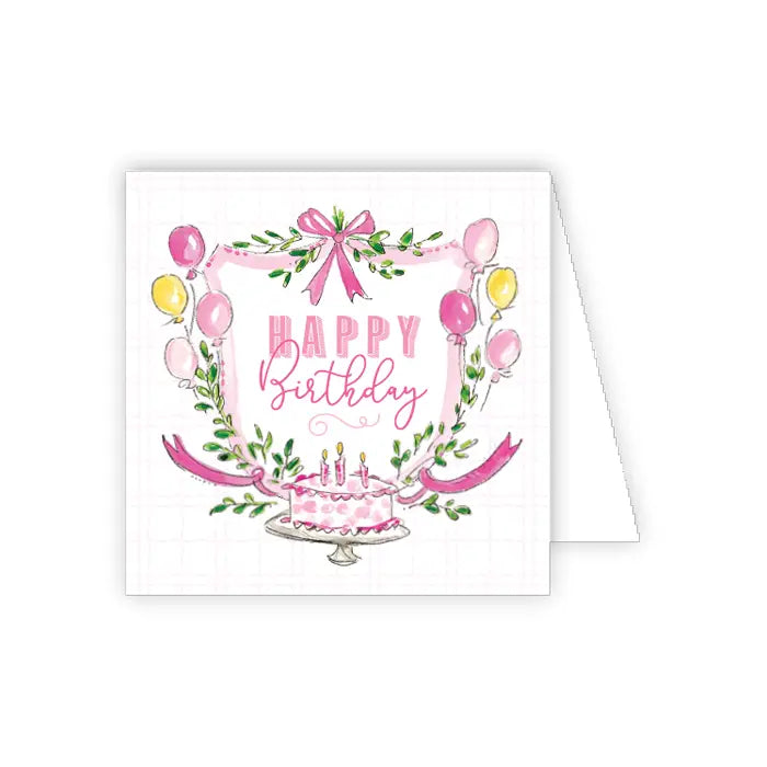 Happy Birthday Pink Crest with Greenery Cake & Balloons Handpainted Enclosure Card