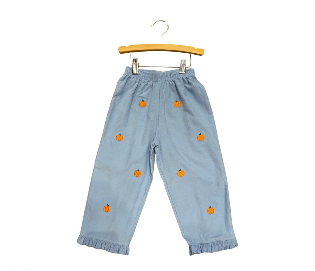 Sky Blue Corduroy Ruffle Pants with Pumpkins