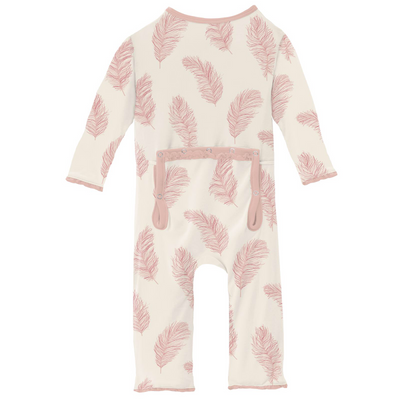 Natural Feathers Print Muffin Ruffle Coverall with Zipper