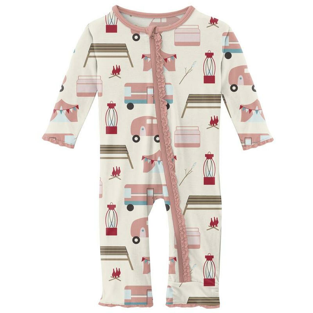 Natural Camping Print Muffin Ruffle Coverall with Zipper