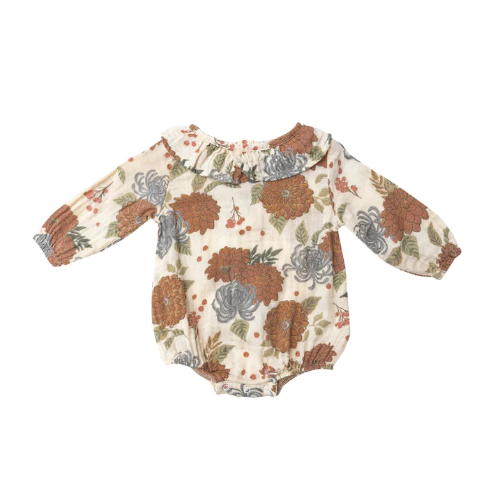 Fall Dahlias Bubble Romper with Ruffled Collar