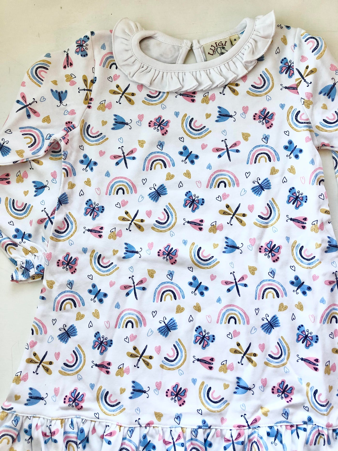 Long Sleeve Butterfly and Rainbow Dress with Ruffle Neck